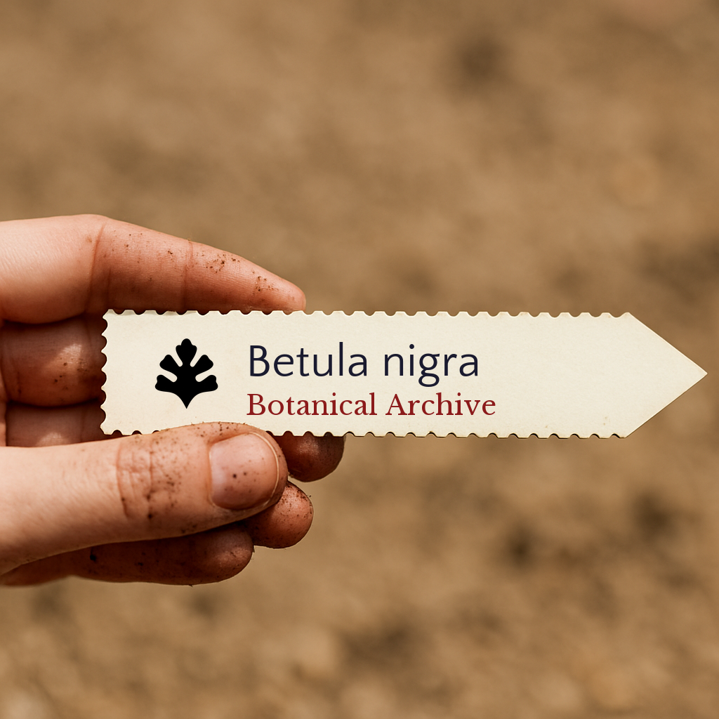 Printed plant label for Betula nigra held by dirty hand with soil background