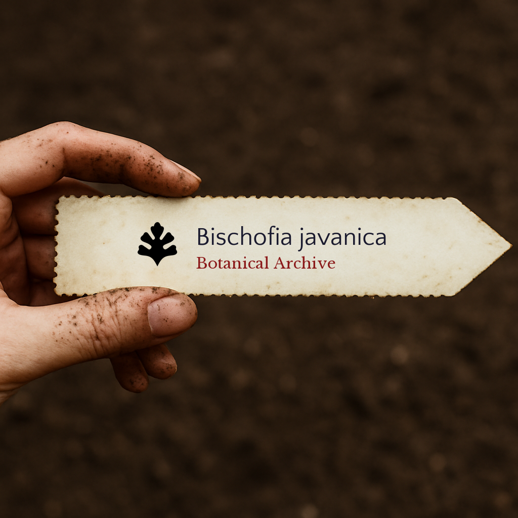 Etichetta stampata per pianta di Bischofia javanica tenuta in mano su sfondo di terreno