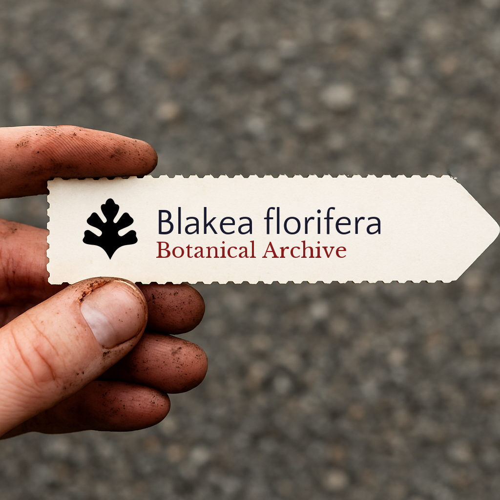Etichetta per piante stampata per Blakea florifera tenuta da una mano sporca contro sfondo sfocato