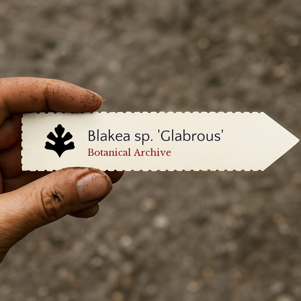 Printed plant label for Blakea sp. 'Glabrous' held by dirty hand outdoors