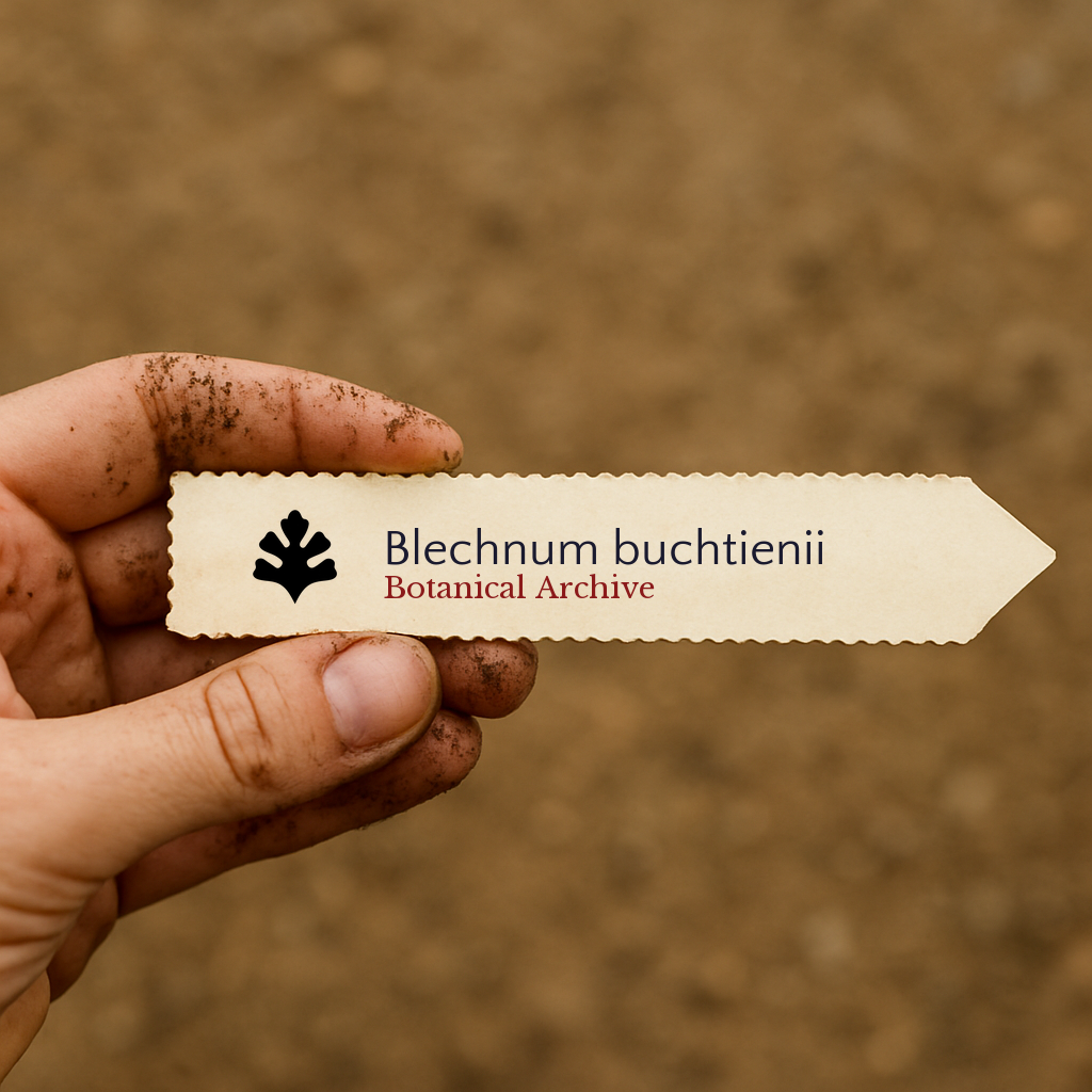 Etichetta stampata per pianta di Blechnum buchtienii tenuta in mano con sfondo di terra