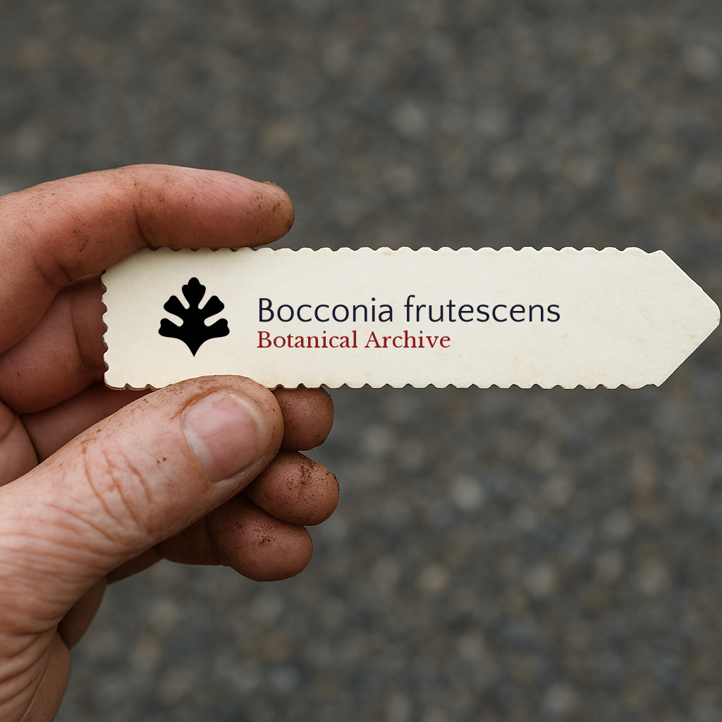 Printed plant label for Bocconia frutescens held by dirty hand outdoors
