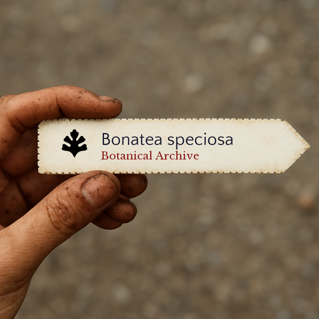Printed plant label for Bonatea speciosa held by dirty hand on blurred background