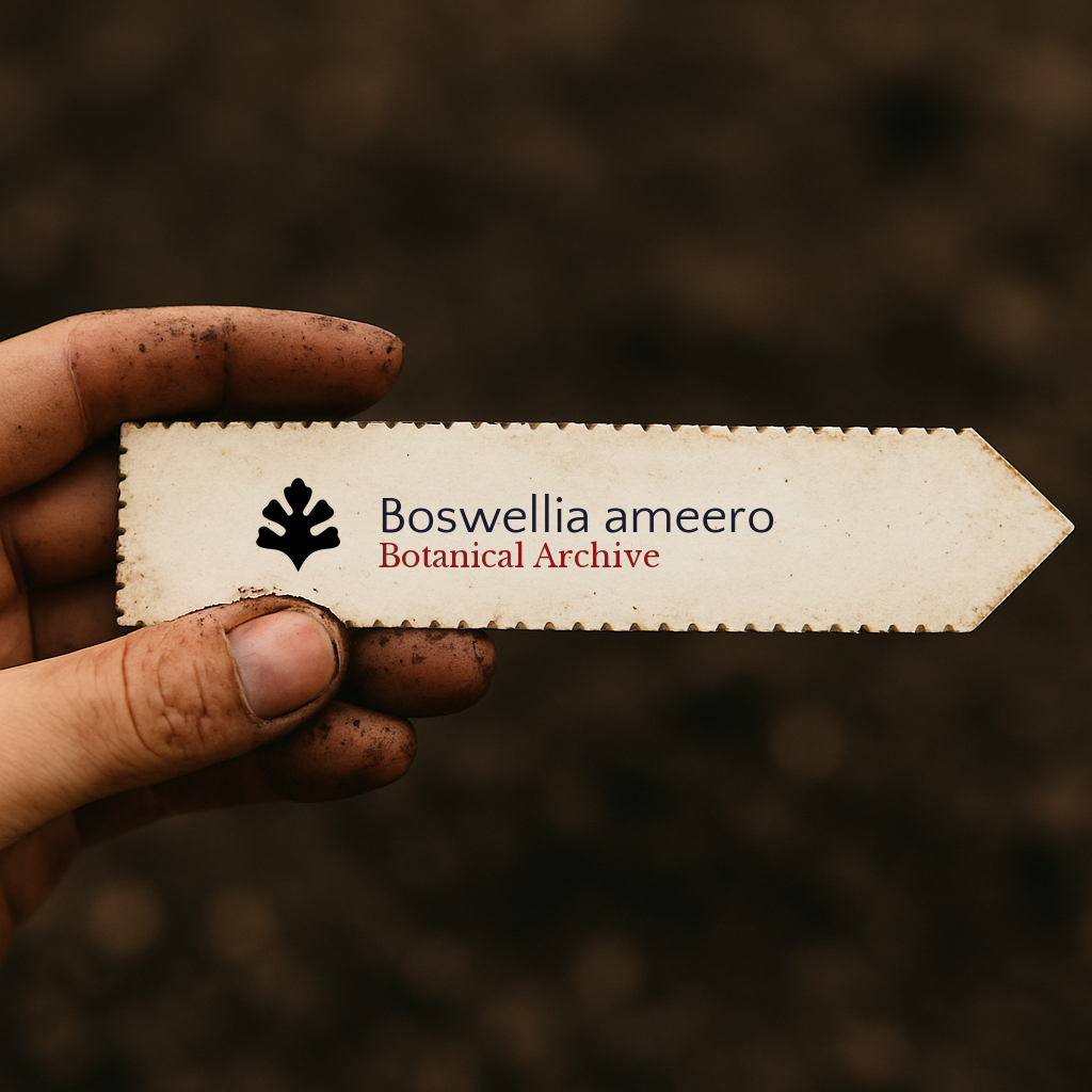 Printed plant label for Boswellia ameero held by dirty hand over soil background
