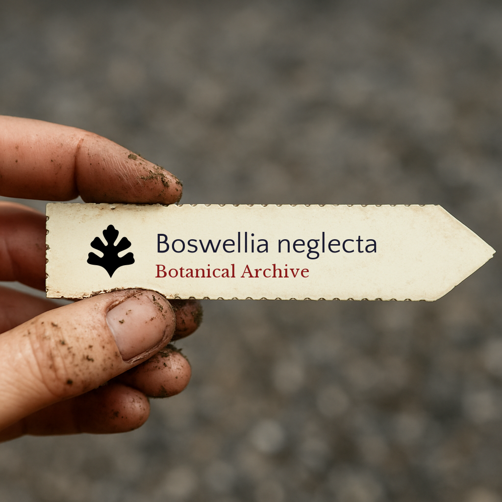 Printed plant label for Boswellia neglecta held by dirty hand outdoors