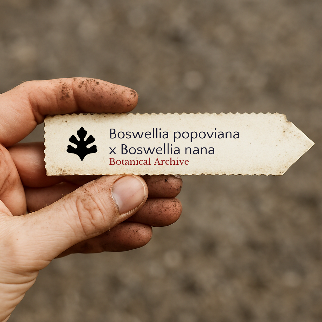 Etichetta stampata per pianta di Boswellia popoviana x Boswellia nana tenuta da mano sporca