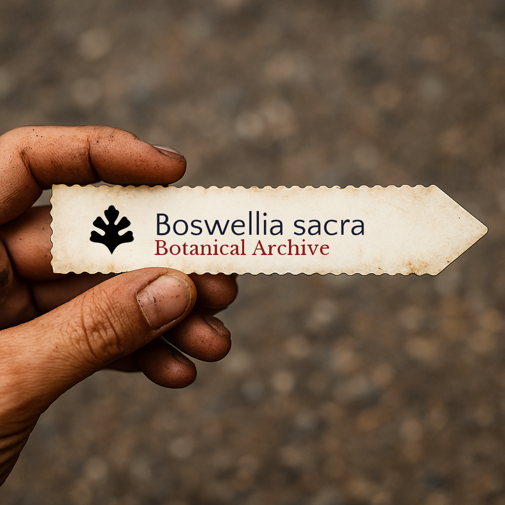 Etichetta per pianta stampata di Boswellia sacra tenuta a mano con sfondo di terra