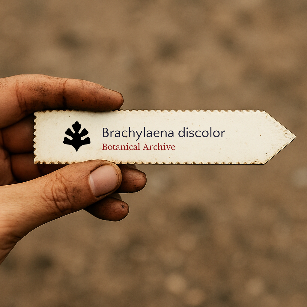 Printed plant label for Brachylaena discolor held by hand with dirt background