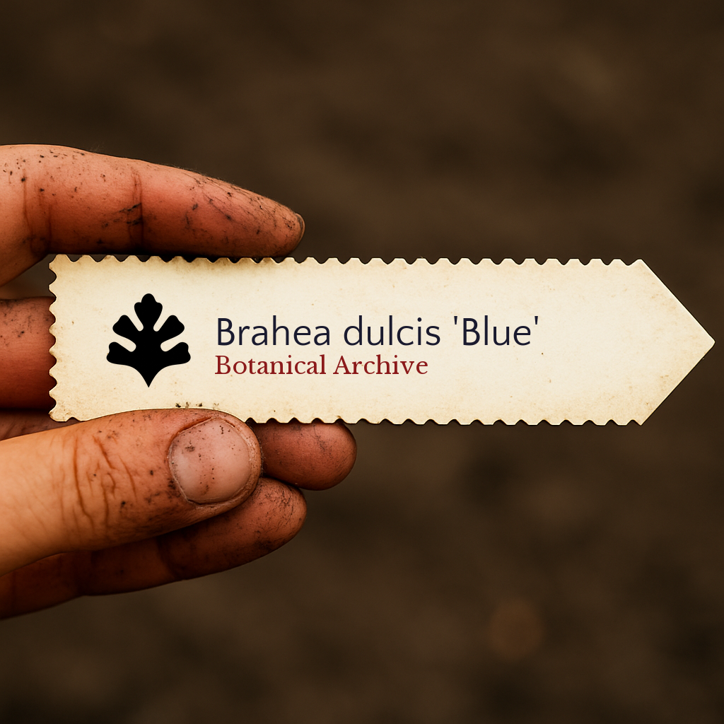Printed plant label for Brahea dulcis 'Blue' held by dirty hand against soil background