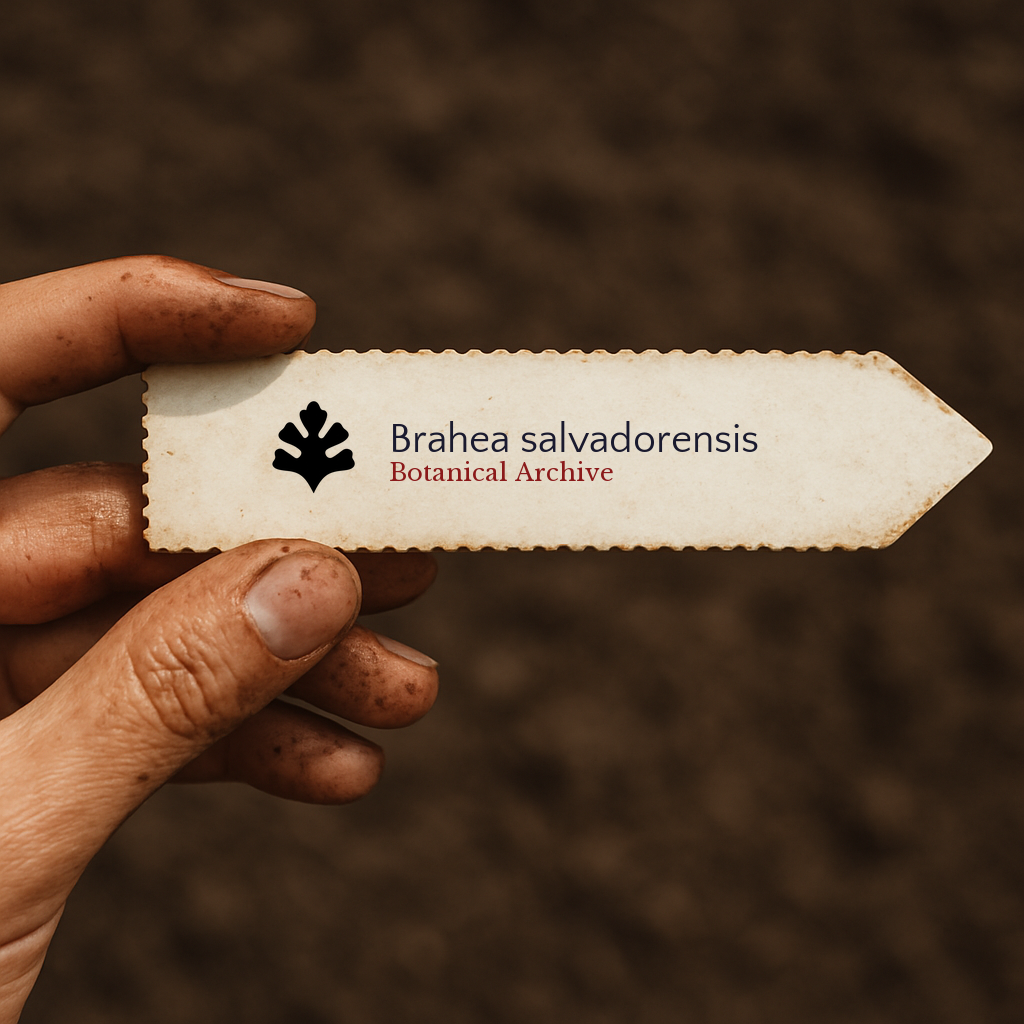 Printed plant label for Brahea salvadorensis held by hand over soil background