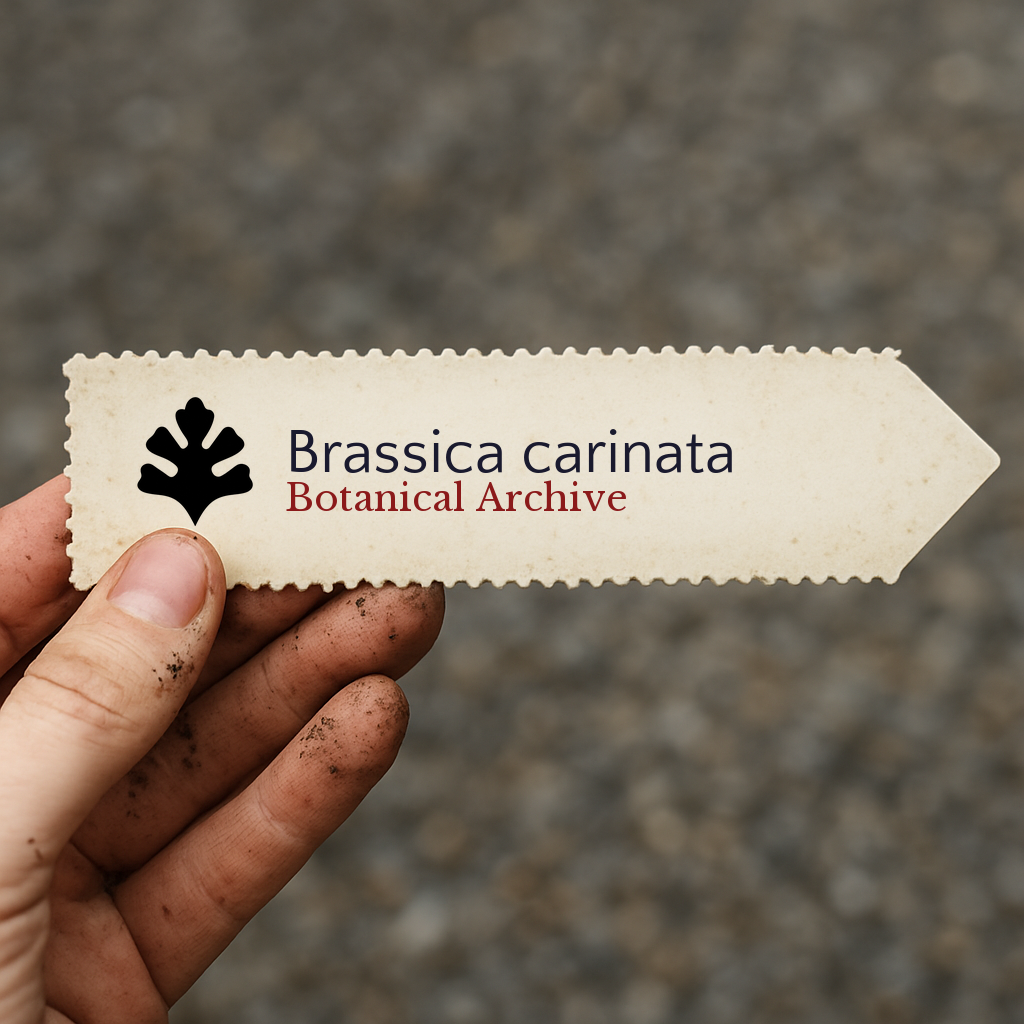 Printed plant label for Brassica carinata with botanical archive logo held by hand