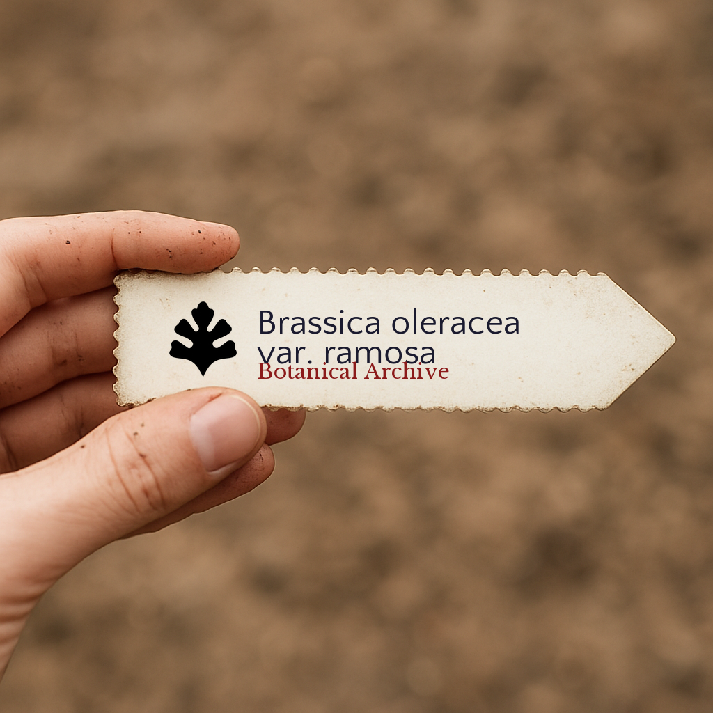 Etichetta per pianta stampata per Brassica oleracea var. ramosa su sfondo sfocato di terreno