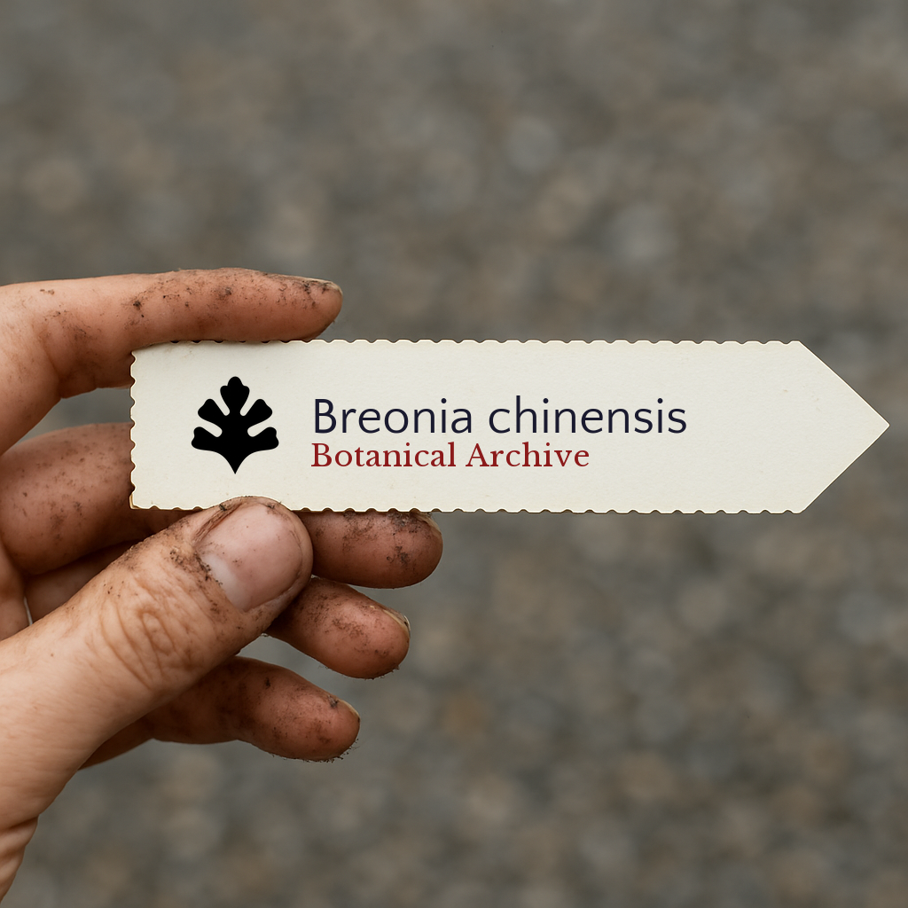 Etichetta stampata per pianta di Breonia chinensis tenuta da mano sporca con sfondo sfocato