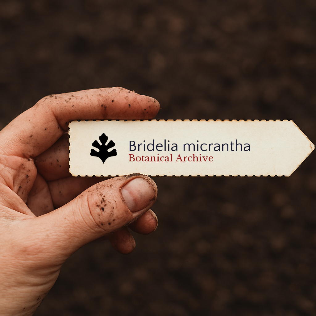 Etichetta stampata per pianta di Bridelia micrantha tenuta da mano sporca su sfondo di terreno