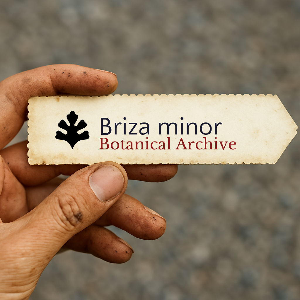 Printed botanical archive label for Briza minor held by a hand with soil-stained fingers