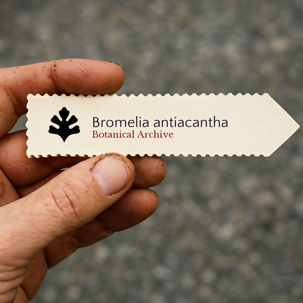 Printed plant label for Bromelia antiacantha held by dirty hand outdoors