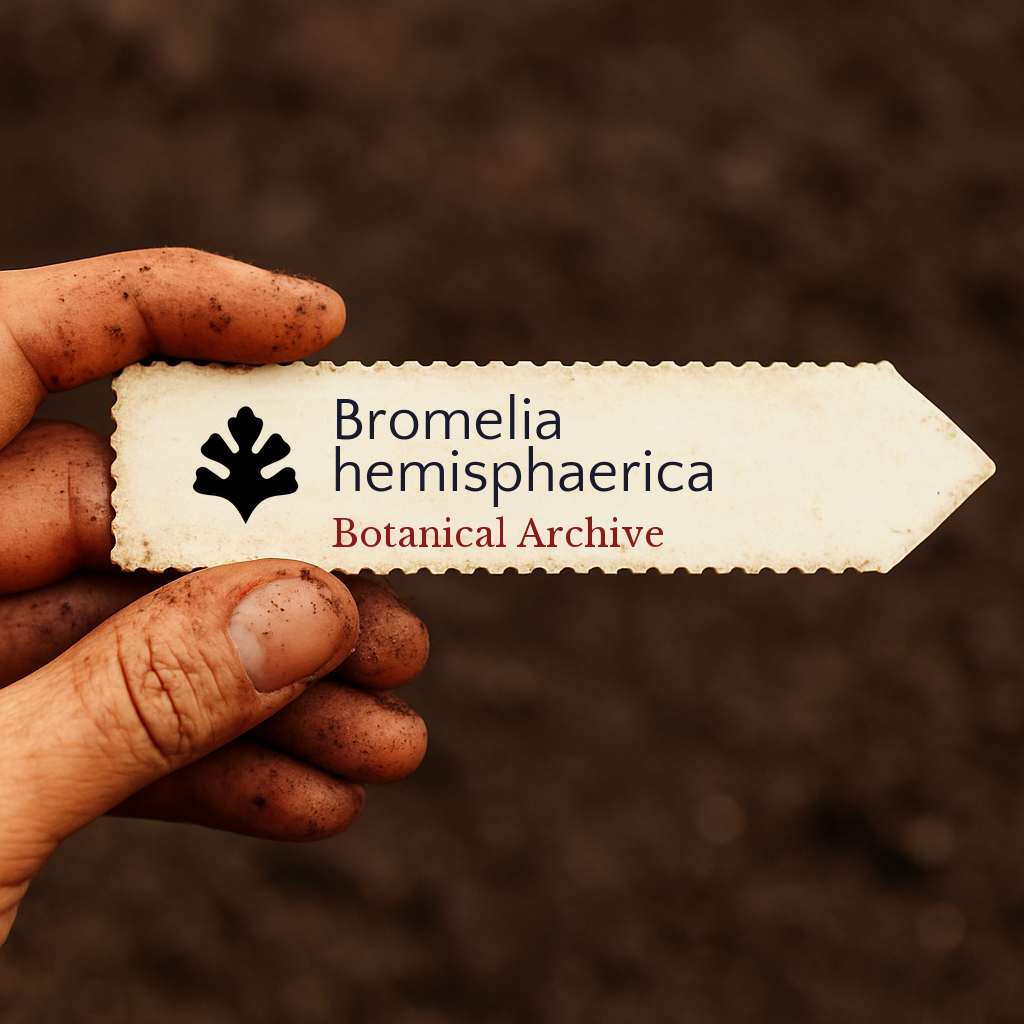 Printed plant label for Bromelia hemisphaerica held by dirty hand over soil background