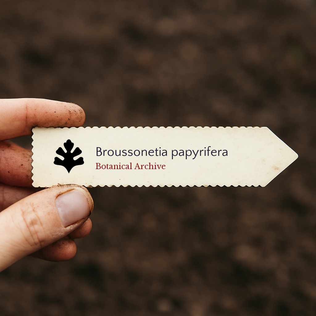 Etichetta per pianta stampata di Broussonetia papyrifera con logo Botanical Archive tenuta in mano
