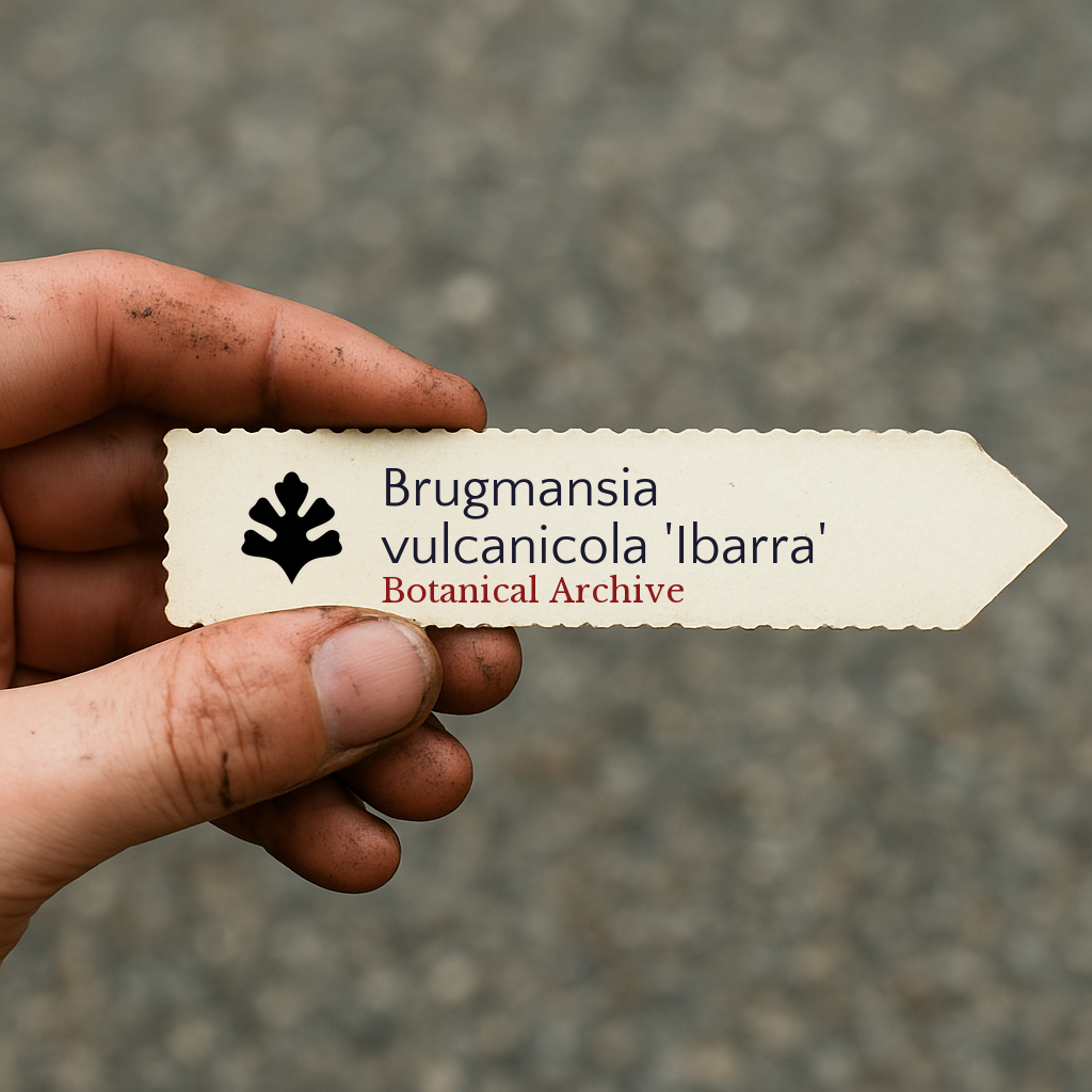 Etichetta per pianta stampata per Brugmansia vulcanicola 'Ibarra' tenuta da una mano sporca all'aperto