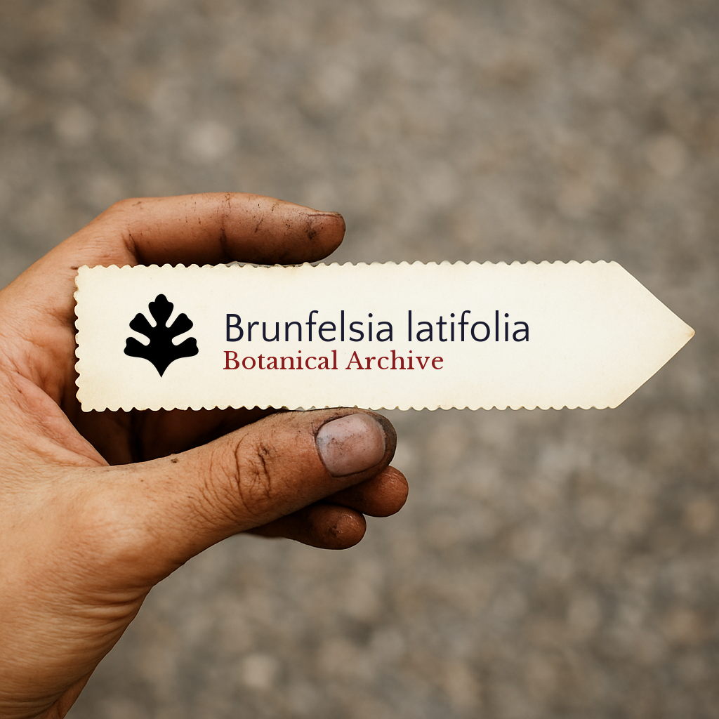 Etichetta plantare stampata per Brunfelsia latifolia tenuta a mano con dita macchiate di terra