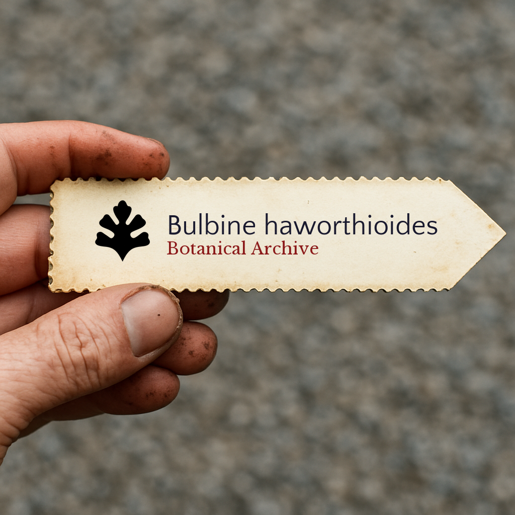 Printed vintage plant label for Bulbine haworthioides held by dirty hand outdoors