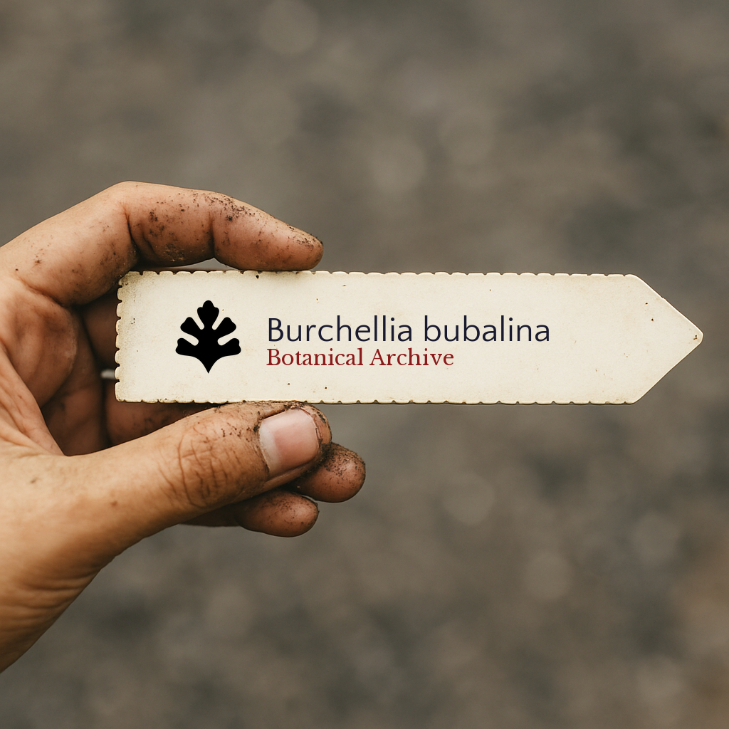 Printed plant label for Burchellia bubalina held by dirty hand outdoors