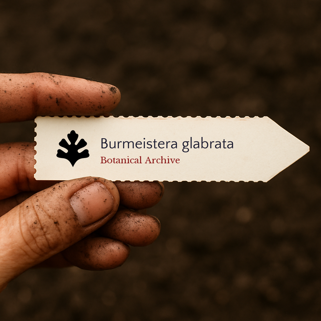 Printed plant label for Burmeistera glabrata held by dirty hand over soil background