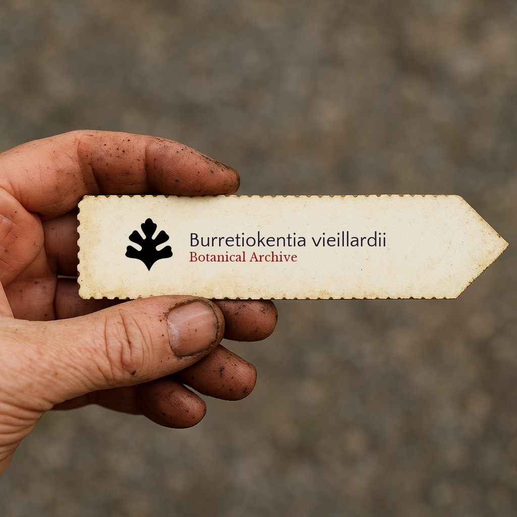 Etichetta stampata per pianta di Burretiokentia vieillardii tenuta da mano sporca all'aperto