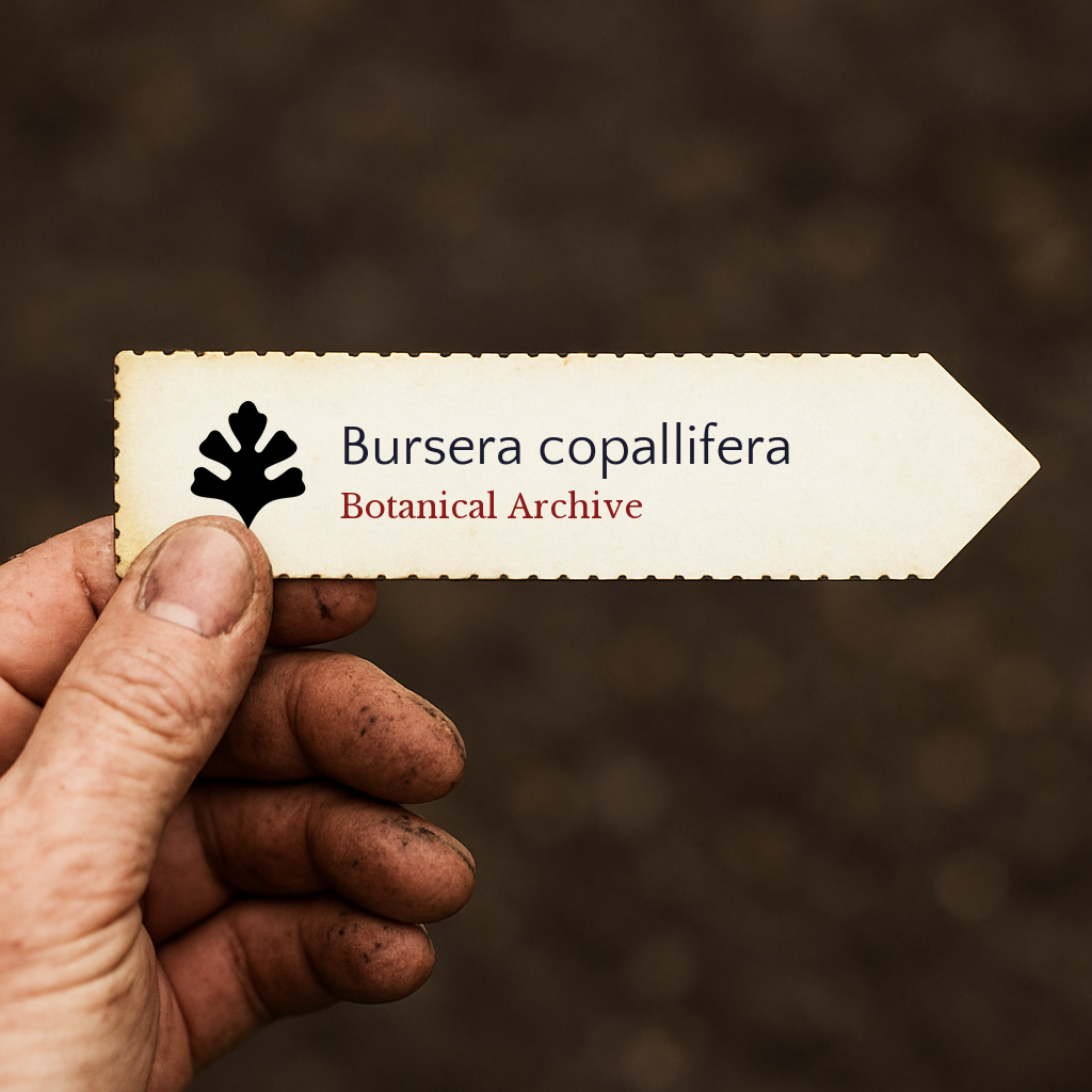 Printed plant label for Bursera copallifera held by hand with soil background