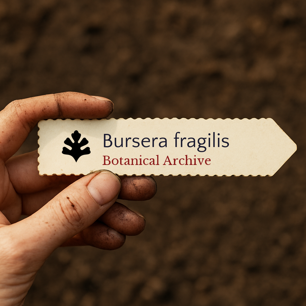 Printed plant label for Bursera fragilis with botanical archive logo held over soil background