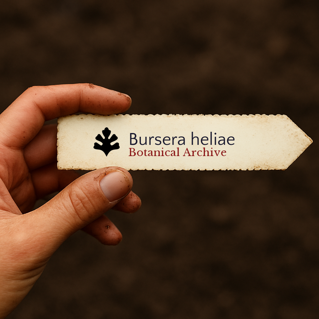 Handheld vintage botanical archive label for Bursera heliae with leaf logo on paper