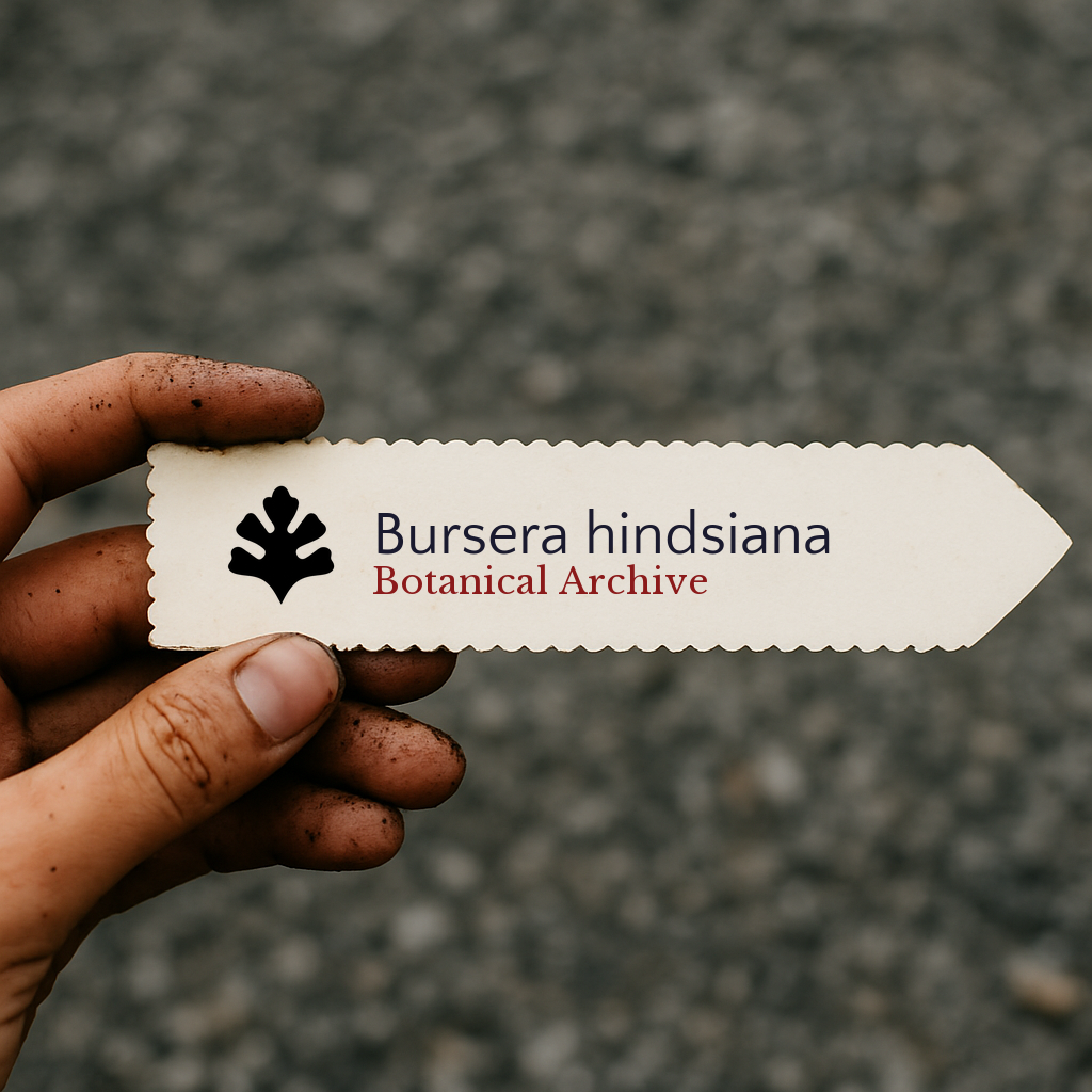 Printed plant label for Bursera hindsiana held by hand with soil-stained fingers