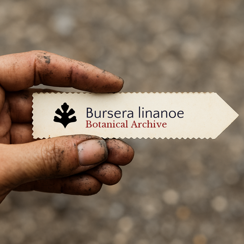 Handheld printed plant label for Bursera linanoe with botanical archive logo