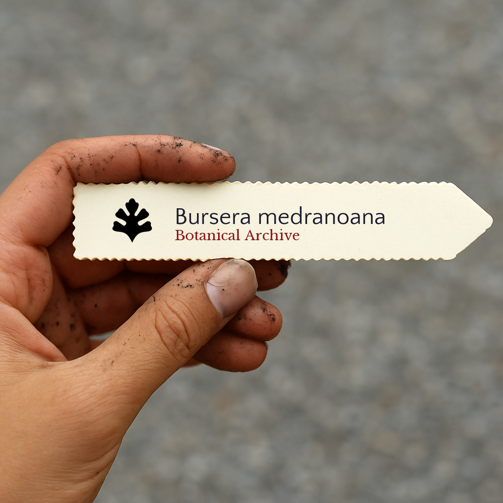 Printed plant label for Bursera medranoana held by dirty hand on gray background