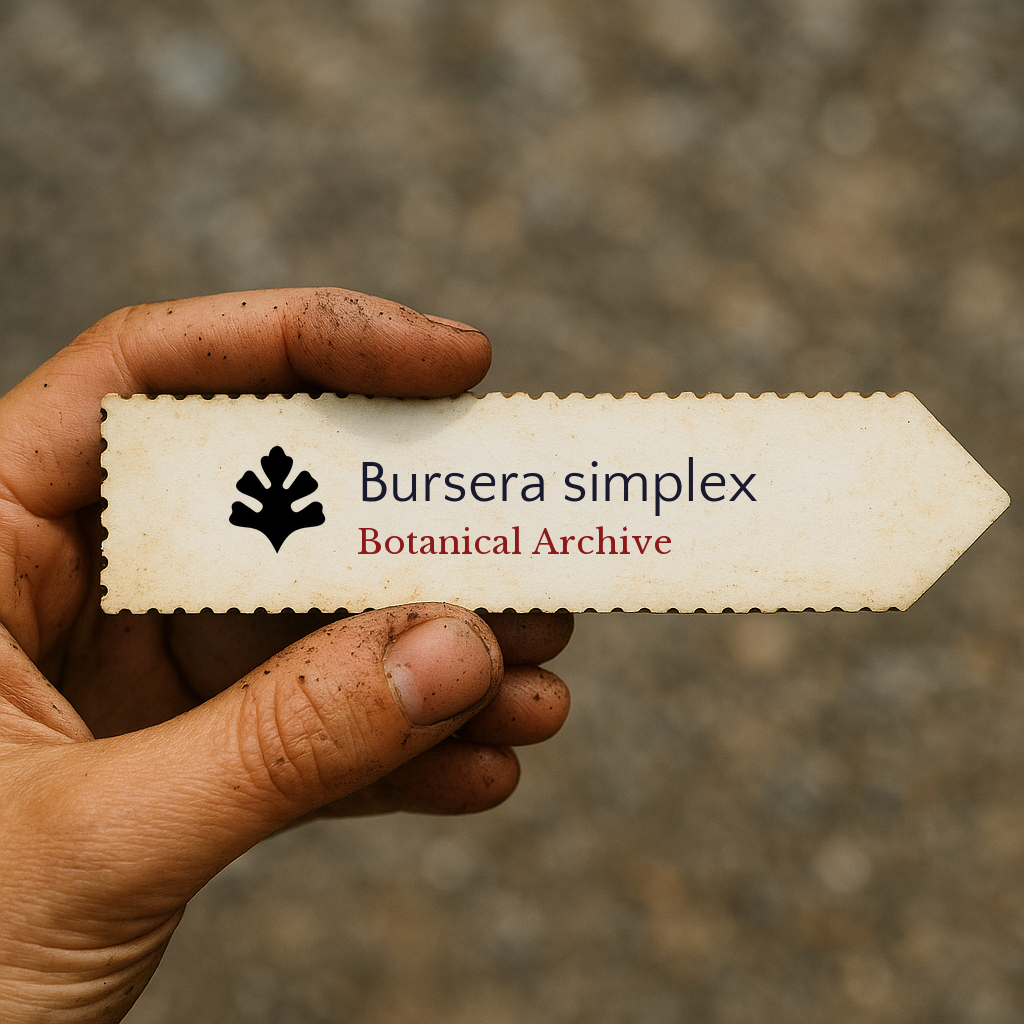 Printed plant label for Bursera simplex held by hand with dirt background