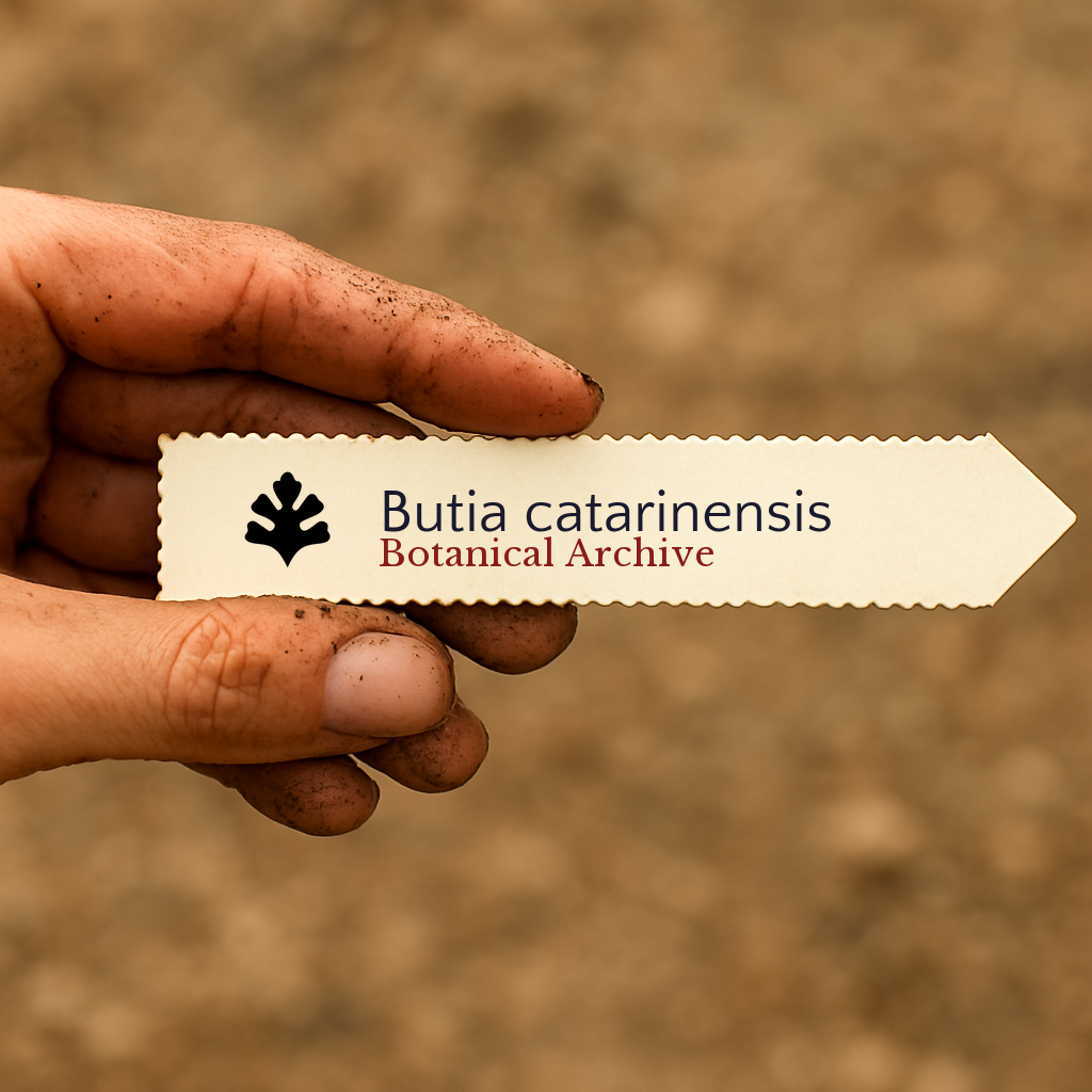 Printed plant label for Butia catarinensis held by hand with soil on fingers