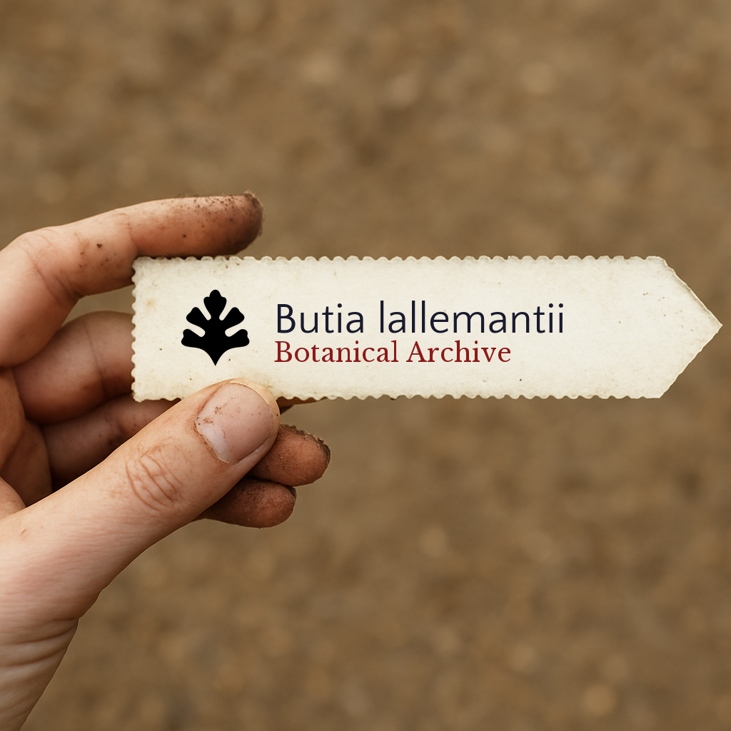 Printed plant label for Butia lallemantii held by dirty hand over soil background