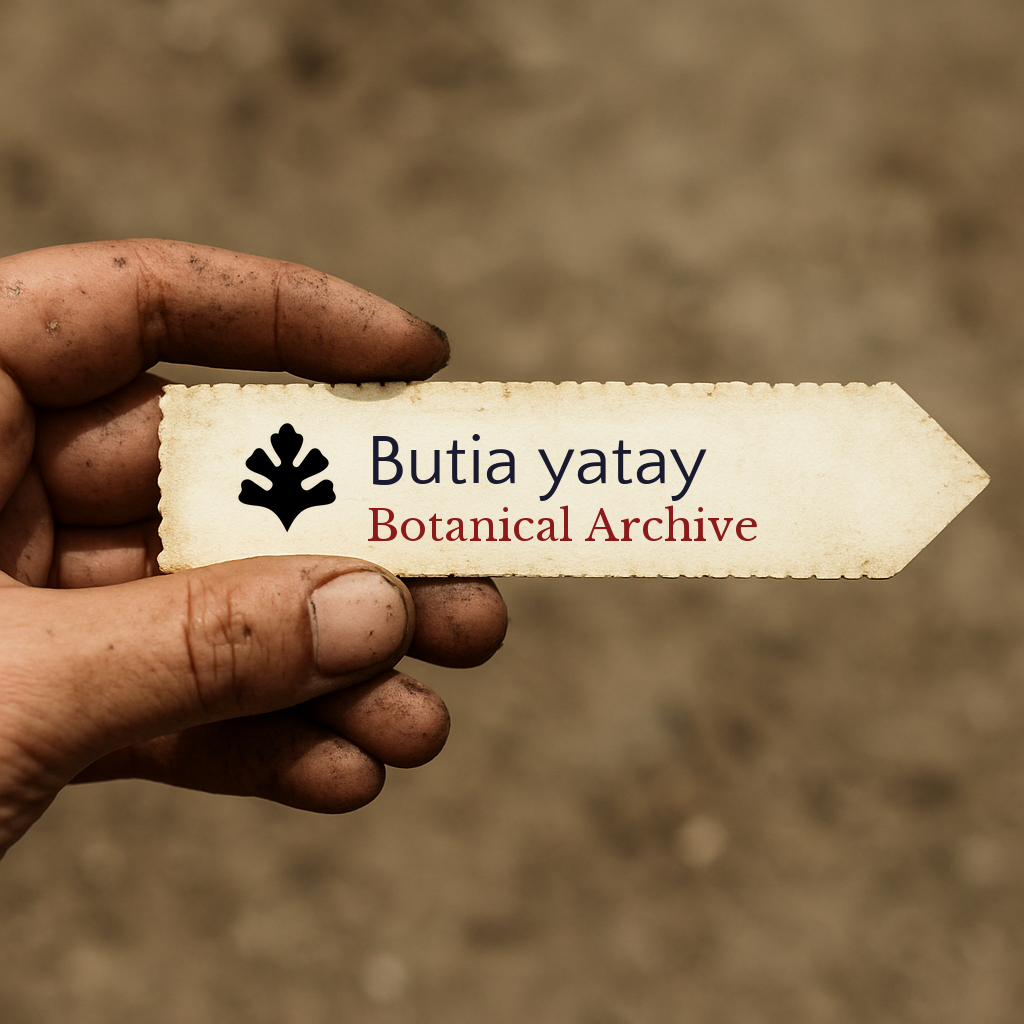 Handheld vintage paper label for Butia yatay with botanical archive text