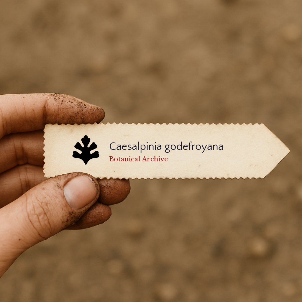 Etichetta per piante stampata per Caesalpinia godefroyana tenuta da mano sporca su sfondo di terreno