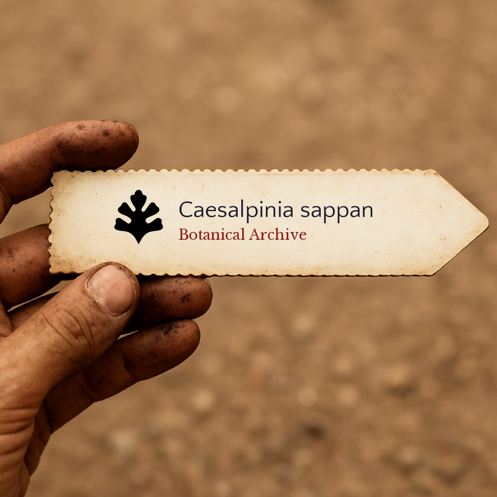 Printed plant label for Caesalpinia sappan held by dirty hand with blurred soil background