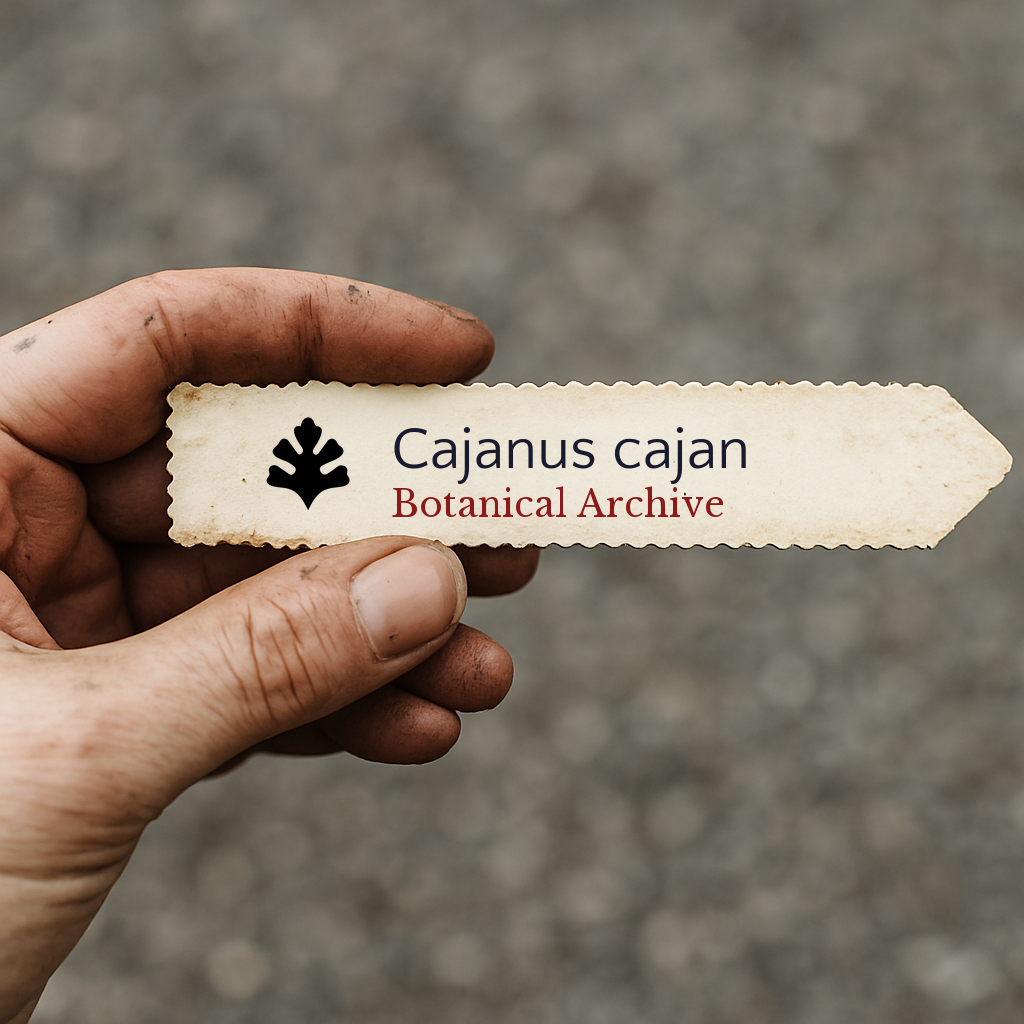 Printed plant label for Cajanus cajan held by hand with textured background