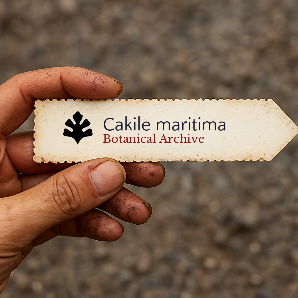 Etichetta stampata per pianta di Cakile maritima tenuta da mano sporca all'aperto