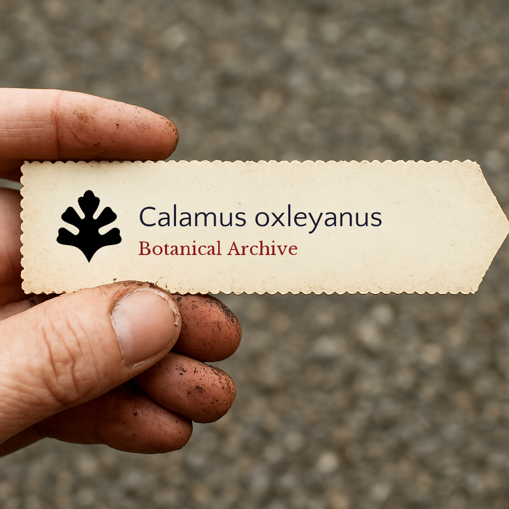 Etichetta stampata dell'archivio botanico per Calamus oxleyanus tenuta da una mano sporca