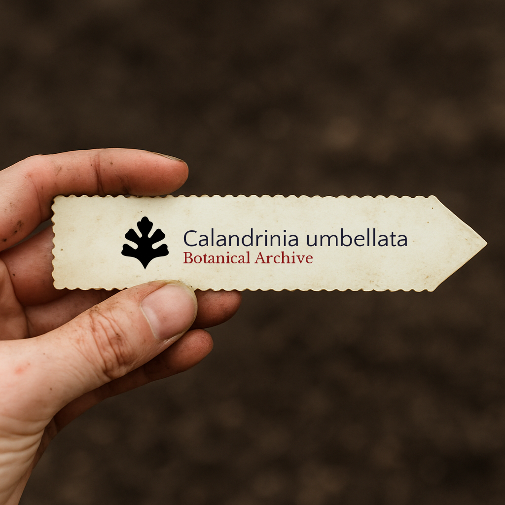 Etichetta stampata per pianta di Calandrinia umbellata con il logo Botanical Archive tenuta a mano