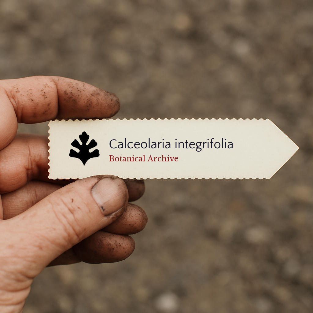Printed plant label for Calceolaria integrifolia held by dirty hand outdoors