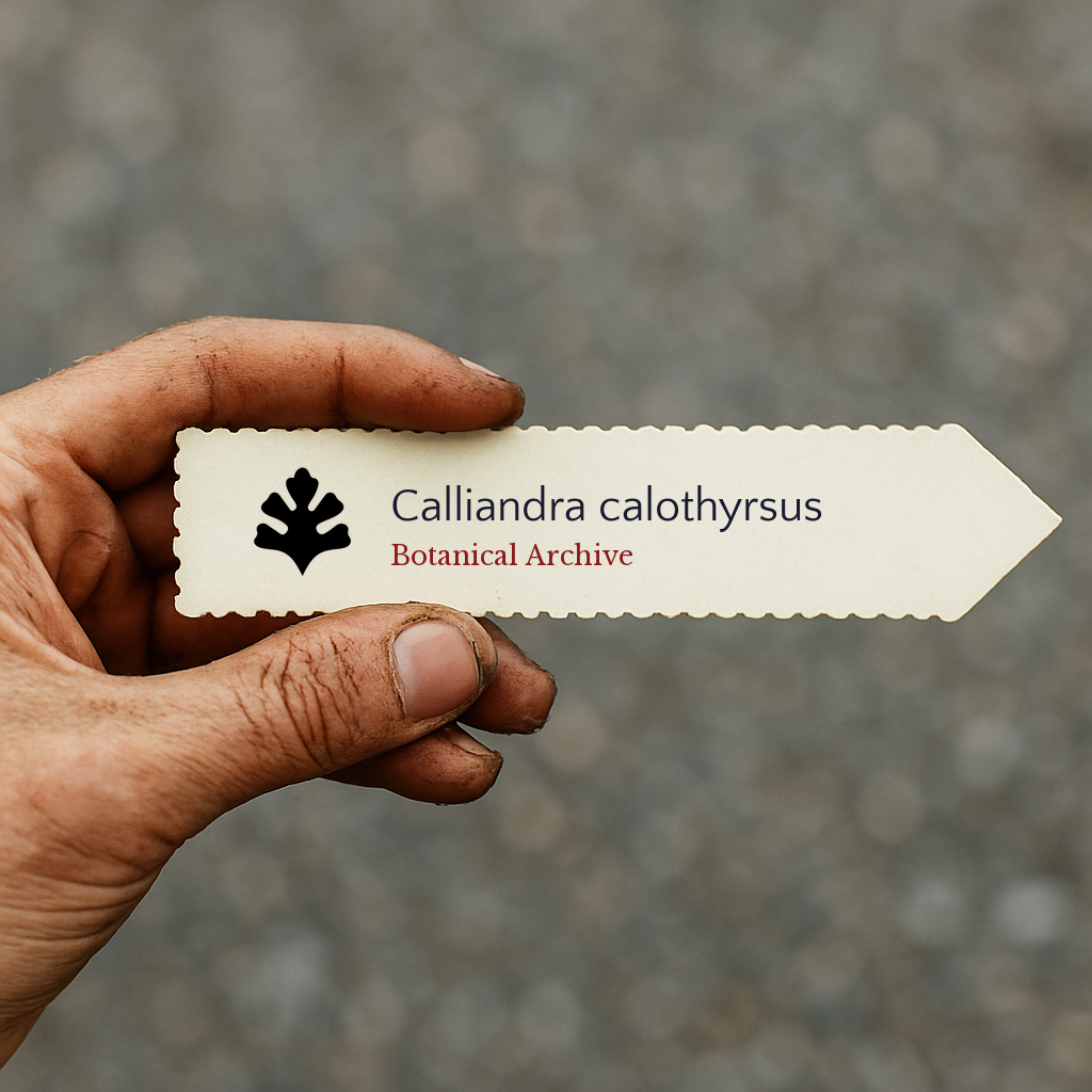 Printed plant label for Calliandra calothyrsus held by hand with dirt on fingers