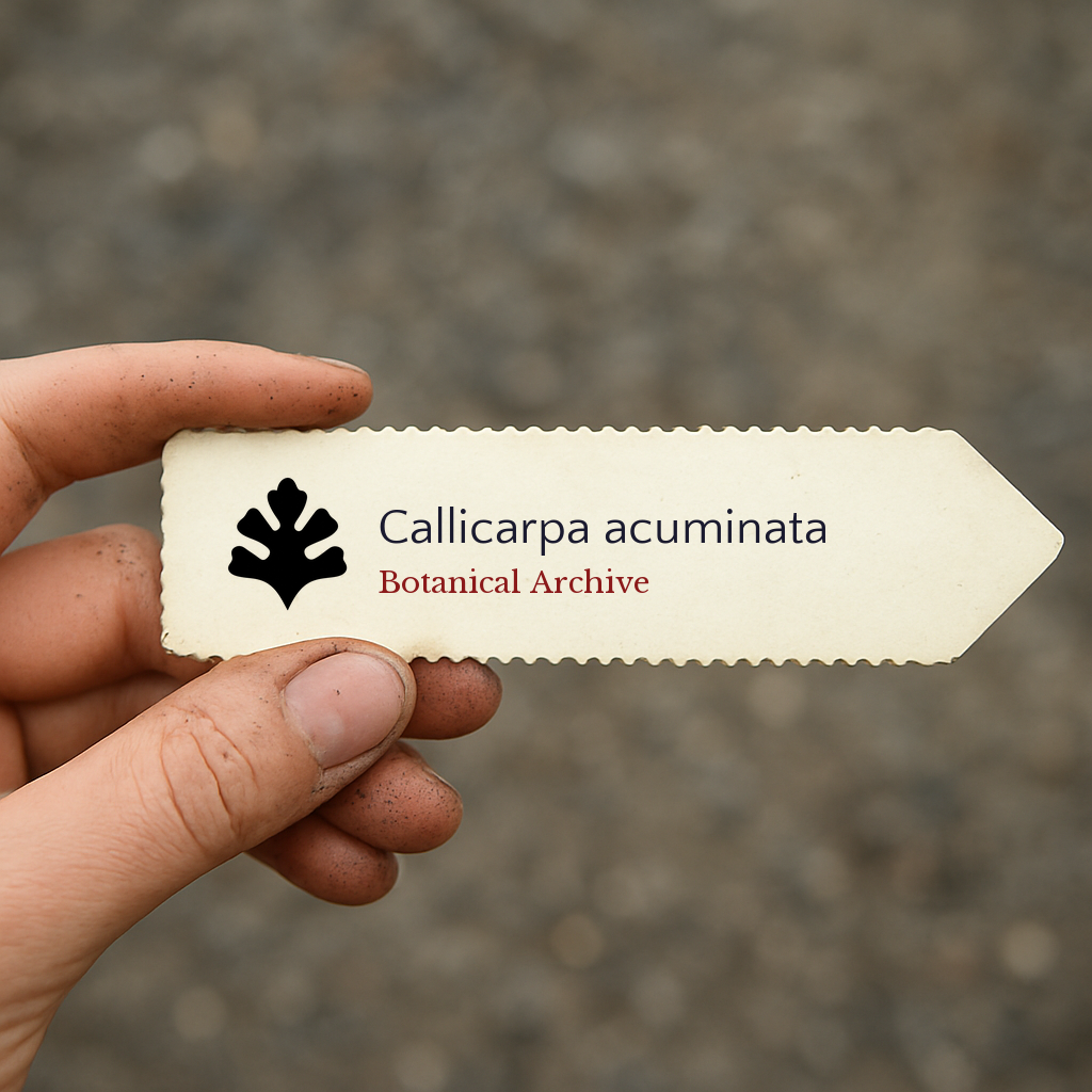 Etichetta stampata per pianta di Callicarpa acuminata tenuta a mano con sfondo di terra