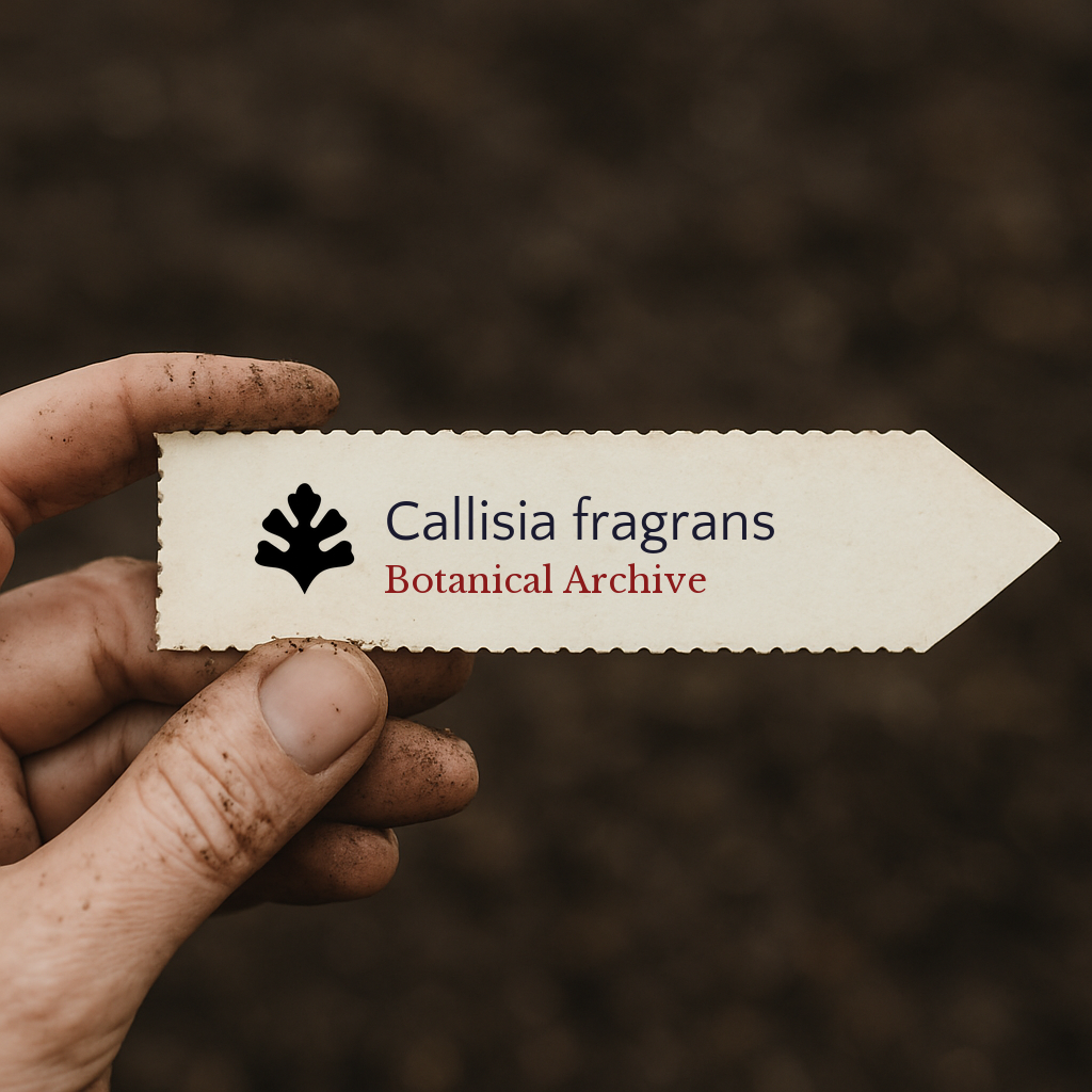Etichetta stampata per pianta di Callisia fragrans con logo Botanical Archive tenuta da mano sporca