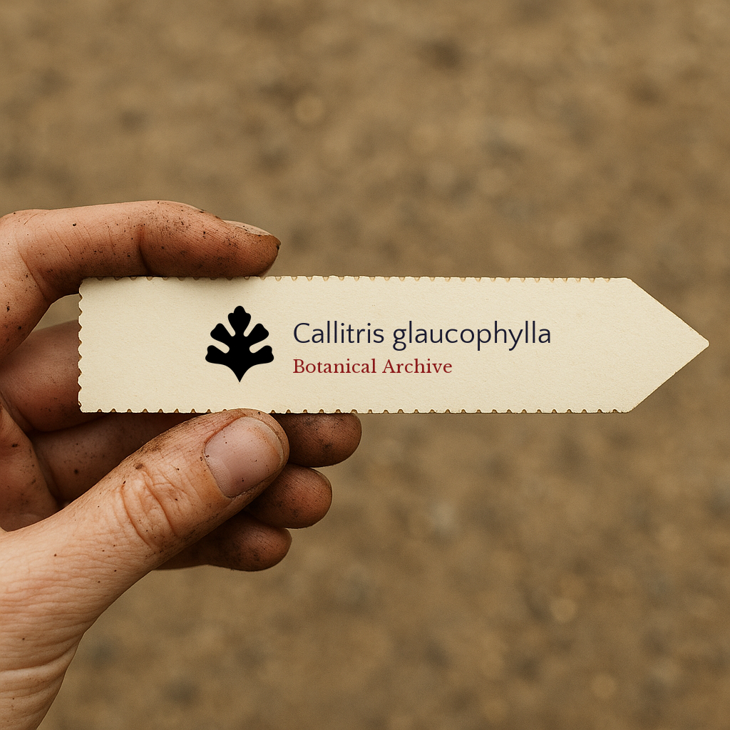 Printed plant label for Callitris glaucophylla held by hand with soil background