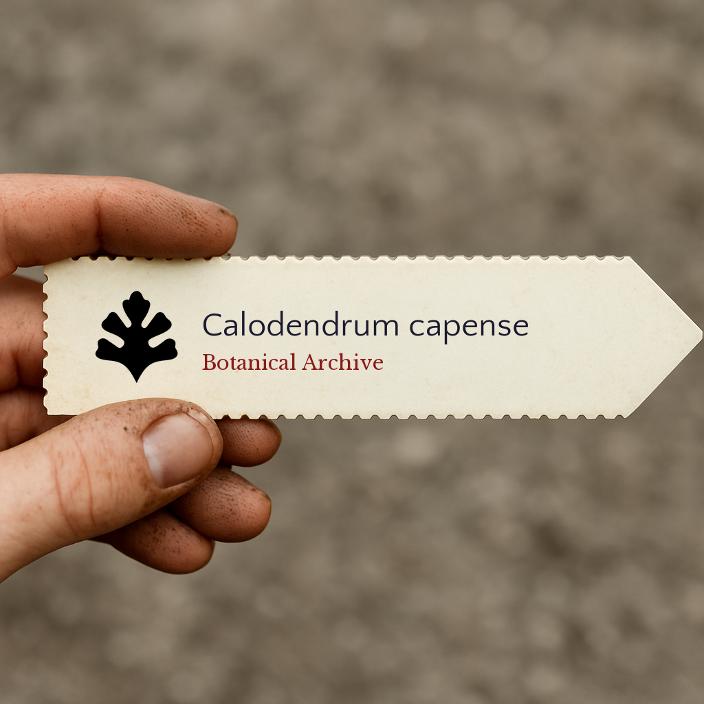 Printed plant label for Calodendrum capense held by hand with dirt background